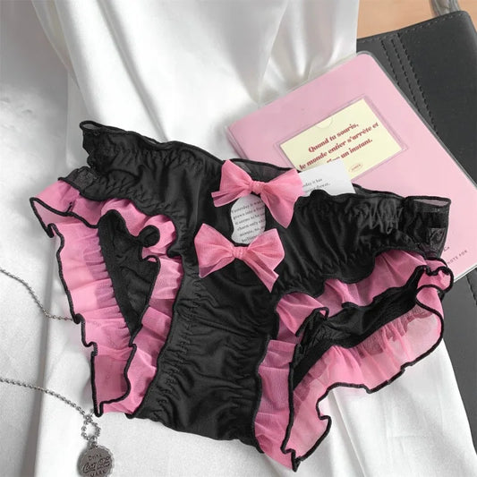 Women Sweet Lolita Lace Up Panties with Bow Black Pink Lovely Ruffles Panties Girl Princess Style Elastic Anime Kawaii Underwear