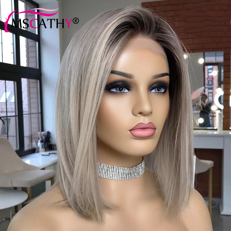Ash Brown Blonde Highlight Lace Front Wig Ash Grey Straight Short Bob Lace Front Wig HD Glueless Bob Lace Frontal Human Hair Wig