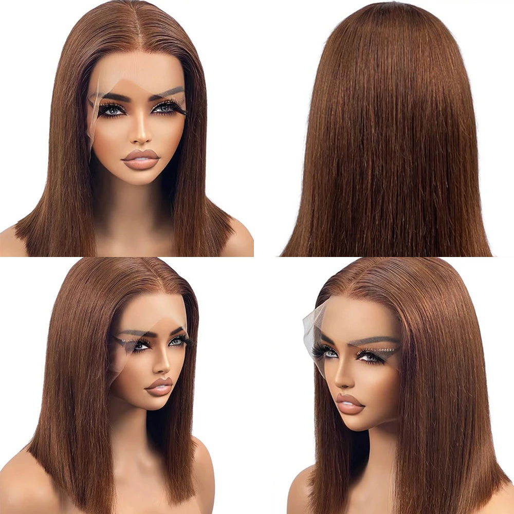 Bob Wigs Human Hair Chocolate Brown 13×4 Lace Front Human Hair Wigs For Women Lightly Bleached Knot 180% Density 100% Human Hair